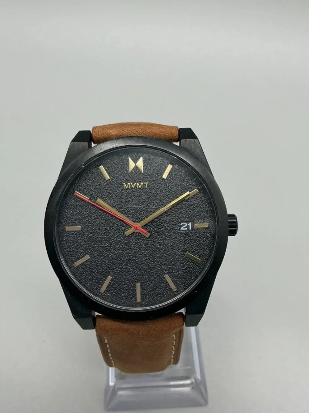 MVMT Element Caviar Black Watch Mens 43mm Black Dial Gold Tone Date Leather
